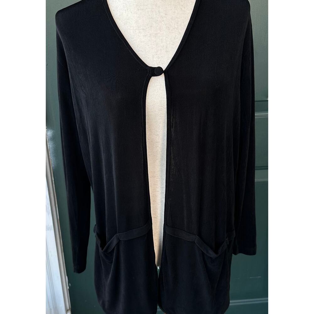 Flax Black Slinky Knit Travel Cardigan Sz S Pocket Front Wrinkle Free Layering